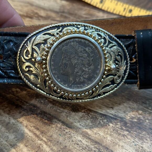 Men's Black Western Style Mounted 1880 Morgan Silver Dollar Buckle Belt - Picture 1 of 7